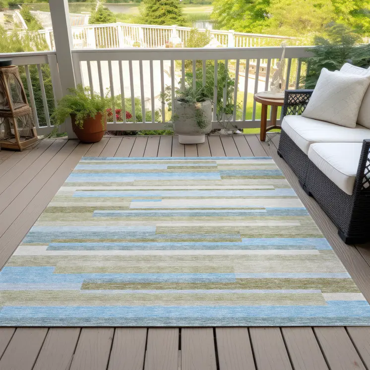 3' X 5' Sky Blue And Denim Blue Striped Washable Indoor Outdoor Area Rug