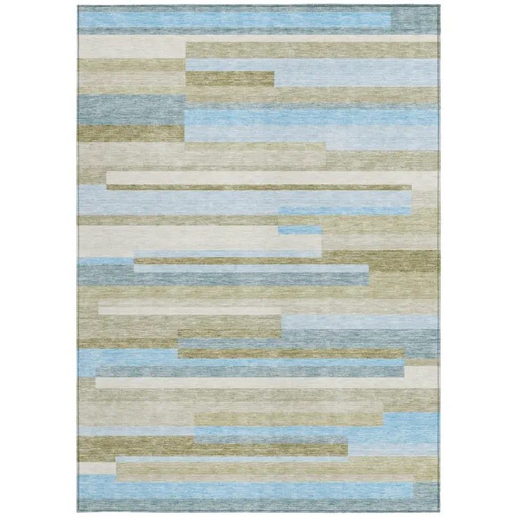 5' X 8' Sky Blue And Denim Blue Striped Washable Indoor Outdoor Area Rug