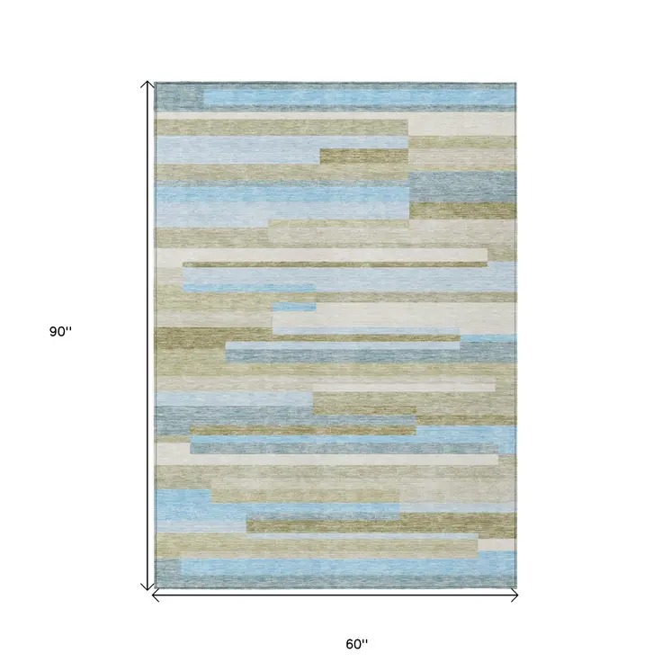 5' X 8' Sky Blue And Denim Blue Striped Washable Indoor Outdoor Area Rug