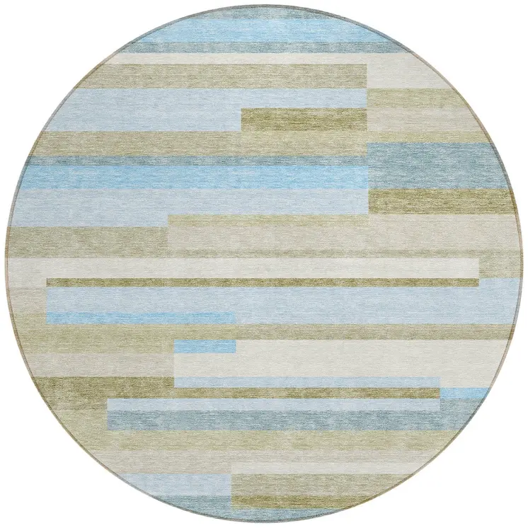 8' Sky Blue And Denim Blue Round Striped Washable Indoor Outdoor Area Rug