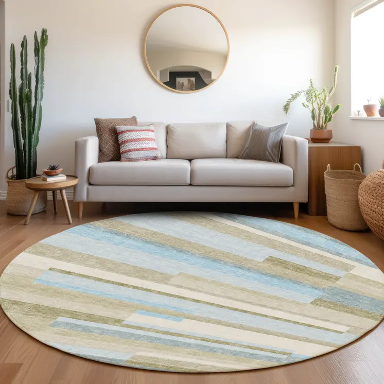 8' Sky Blue And Denim Blue Round Striped Washable Indoor Outdoor Area Rug