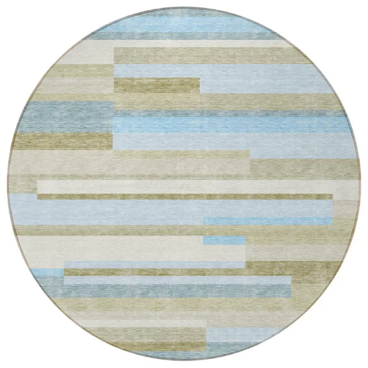 8' Sky Blue And Denim Blue Round Striped Washable Indoor Outdoor Area Rug