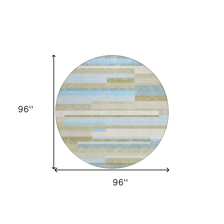 8' Sky Blue And Denim Blue Round Striped Washable Indoor Outdoor Area Rug