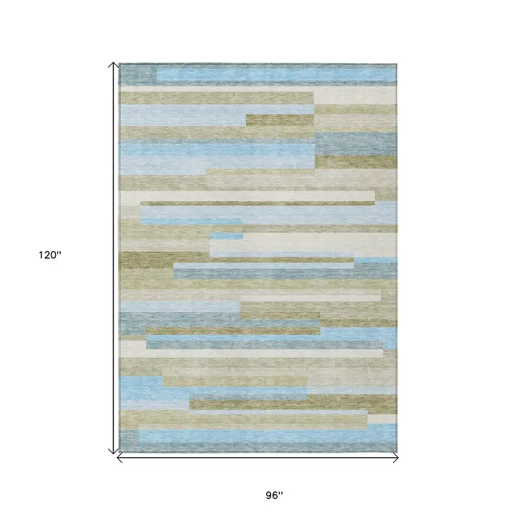 8' X 10' Sky Blue And Denim Blue Striped Washable Indoor Outdoor Area Rug