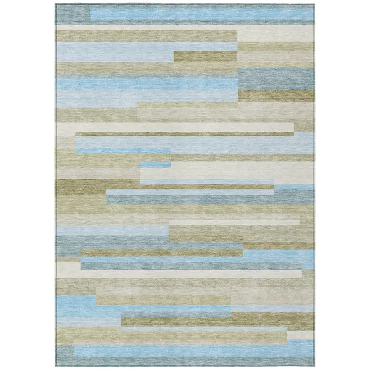 8' X 10' Sky Blue And Denim Blue Striped Washable Indoor Outdoor Area Rug