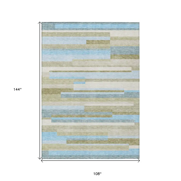 9' X 12' Sky Blue And Denim Blue Striped Washable Indoor Outdoor Area Rug