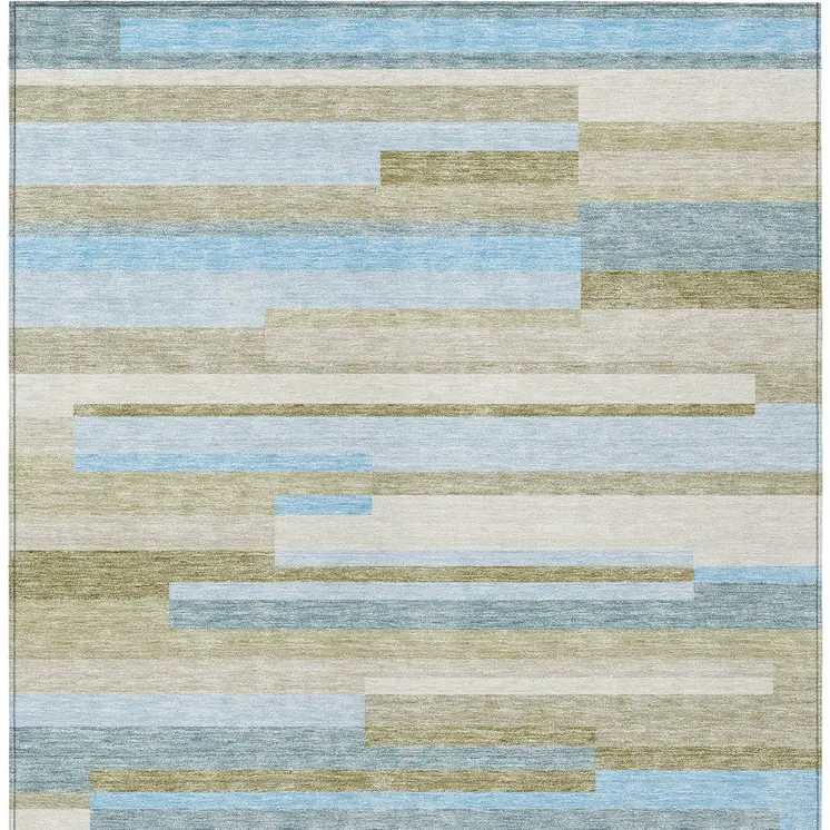 9' X 12' Sky Blue And Denim Blue Striped Washable Indoor Outdoor Area Rug