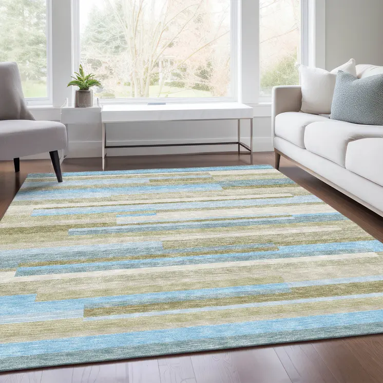 9' X 12' Sky Blue And Denim Blue Striped Washable Indoor Outdoor Area Rug