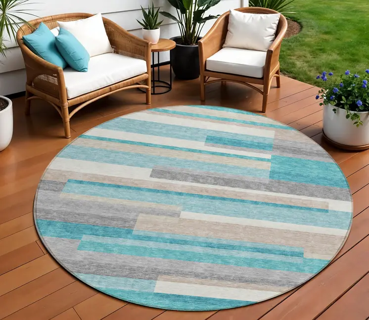 8' Teal Blue Gray And Beige Round Striped Washable Indoor Outdoor Area Rug