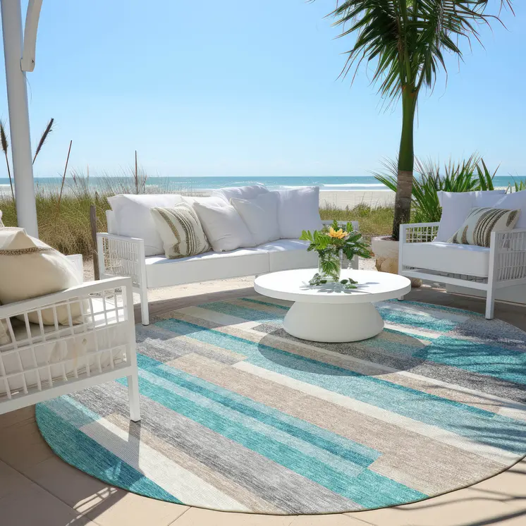 8' Teal Blue Gray And Beige Round Striped Washable Indoor Outdoor Area Rug