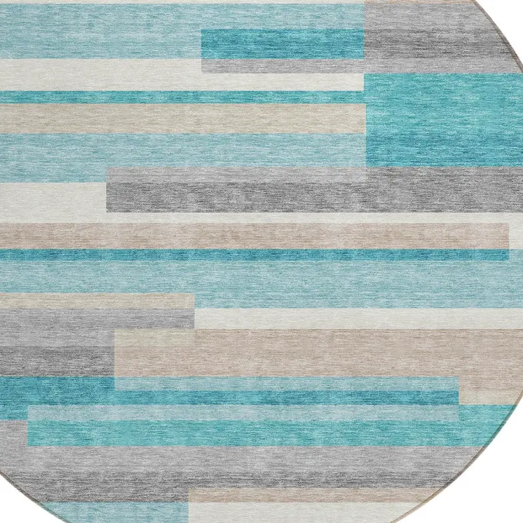 8' Teal Blue Gray And Beige Round Striped Washable Indoor Outdoor Area Rug