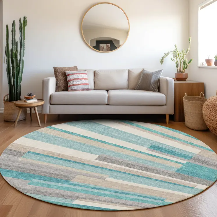 8' Teal Blue Gray And Beige Round Striped Washable Indoor Outdoor Area Rug