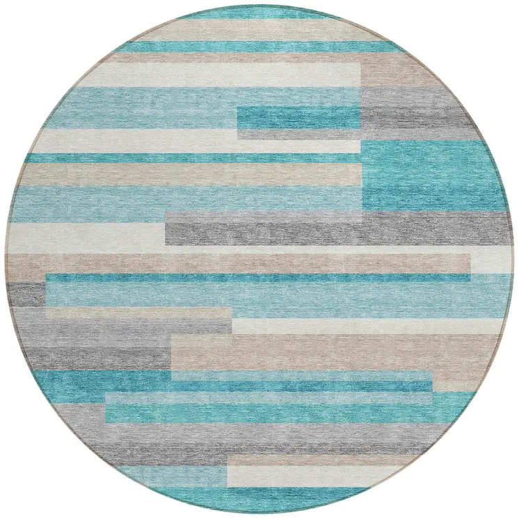 8' Teal Blue Gray And Beige Round Striped Washable Indoor Outdoor Area Rug