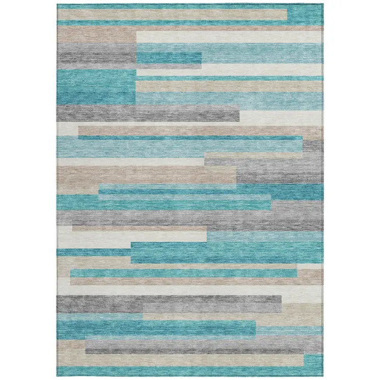 9' X 12' Teal Blue Gray And Beige Striped Washable Indoor Outdoor Area Rug
