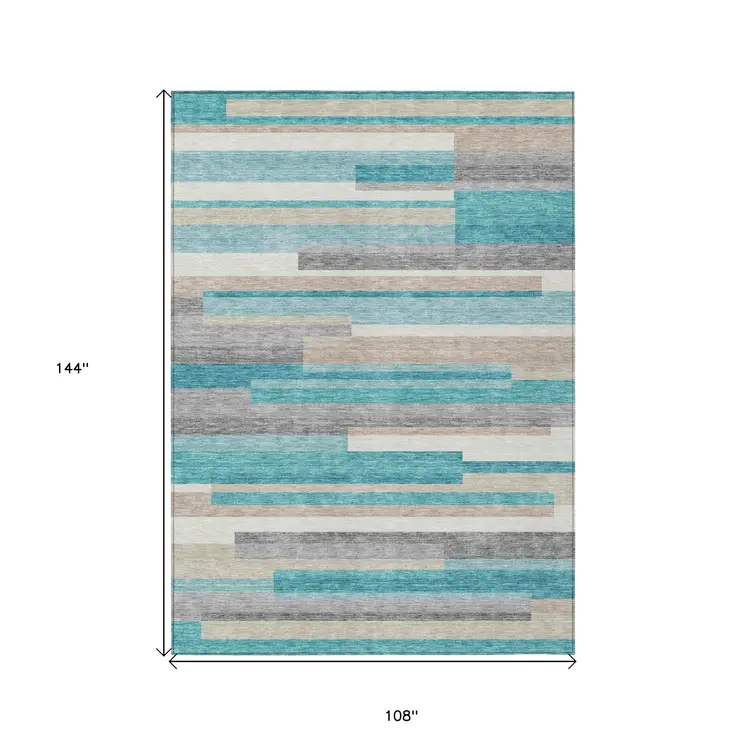9' X 12' Teal Blue Gray And Beige Striped Washable Indoor Outdoor Area Rug