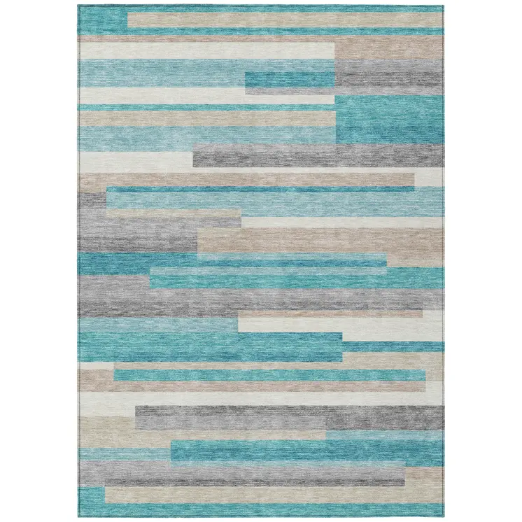 9' X 12' Teal Blue Gray And Beige Striped Washable Indoor Outdoor Area Rug