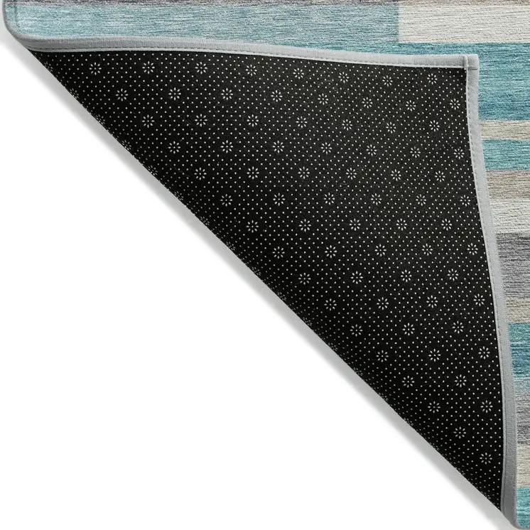 9' X 12' Teal Blue Gray And Beige Striped Washable Indoor Outdoor Area Rug