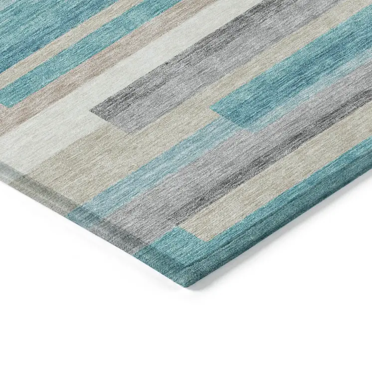 9' X 12' Teal Blue Gray And Beige Striped Washable Indoor Outdoor Area Rug