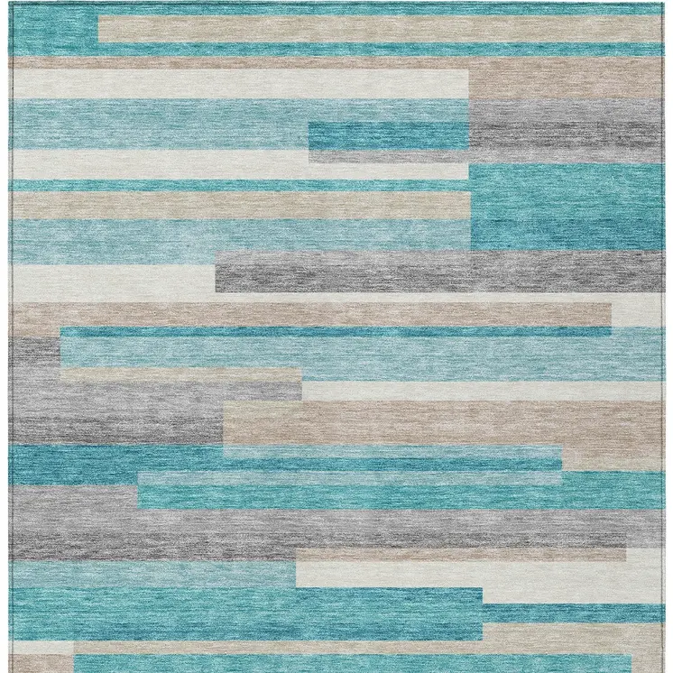 9' X 12' Teal Blue Gray And Beige Striped Washable Indoor Outdoor Area Rug