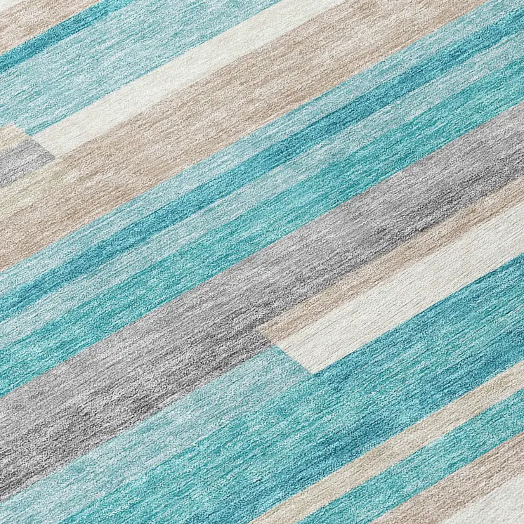 9' X 12' Teal Blue Gray And Beige Striped Washable Indoor Outdoor Area Rug