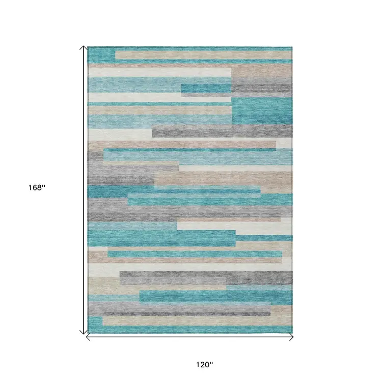 10' X 14' Teal Blue Gray And Beige Striped Washable Indoor Outdoor Area Rug