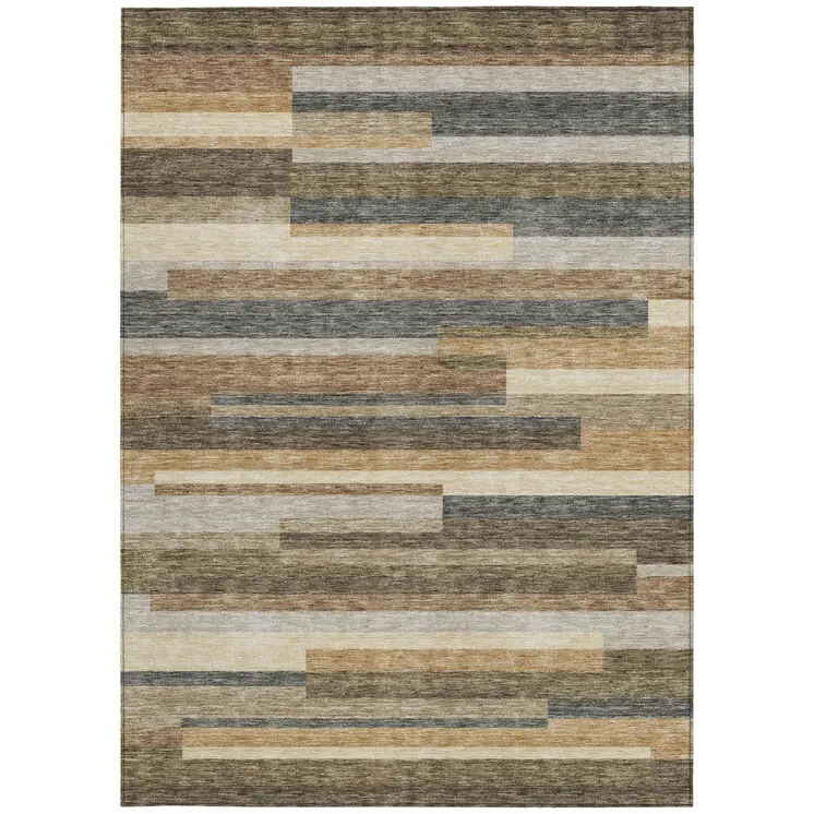3' X 5' Taupe Beige And Charcoal Striped Washable Indoor Outdoor Area Rug