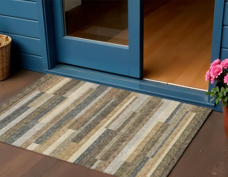 3' X 5' Taupe Beige And Charcoal Striped Washable Indoor Outdoor Area Rug