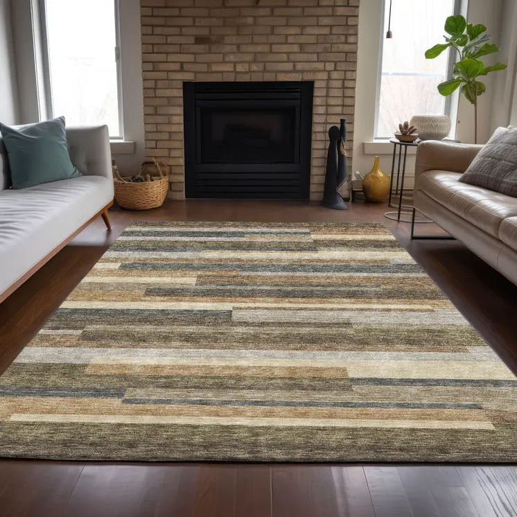 3' X 5' Taupe Beige And Charcoal Striped Washable Indoor Outdoor Area Rug