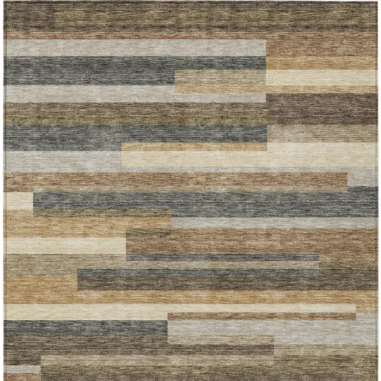 5' X 8' Taupe Beige And Charcoal Striped Washable Indoor Outdoor Area Rug
