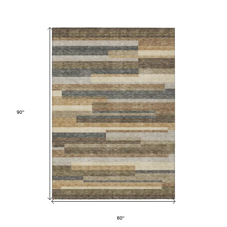 5' X 8' Taupe Beige And Charcoal Striped Washable Indoor Outdoor Area Rug