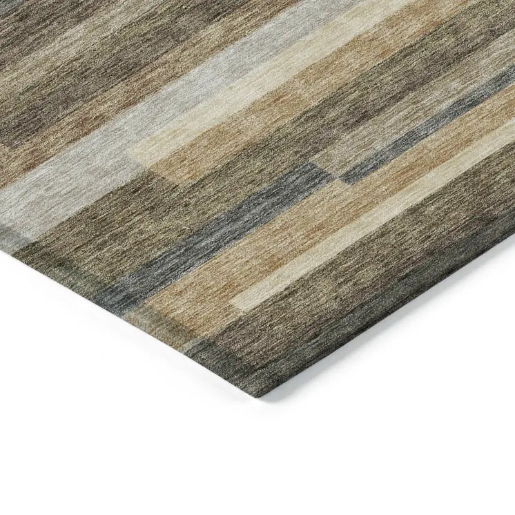 5' X 8' Taupe Beige And Charcoal Striped Washable Indoor Outdoor Area Rug