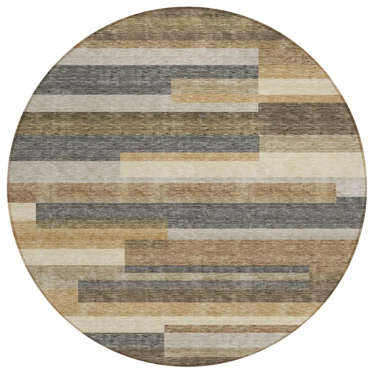 8' Taupe Beige And Charcoal Round Striped Washable Indoor Outdoor Area Rug