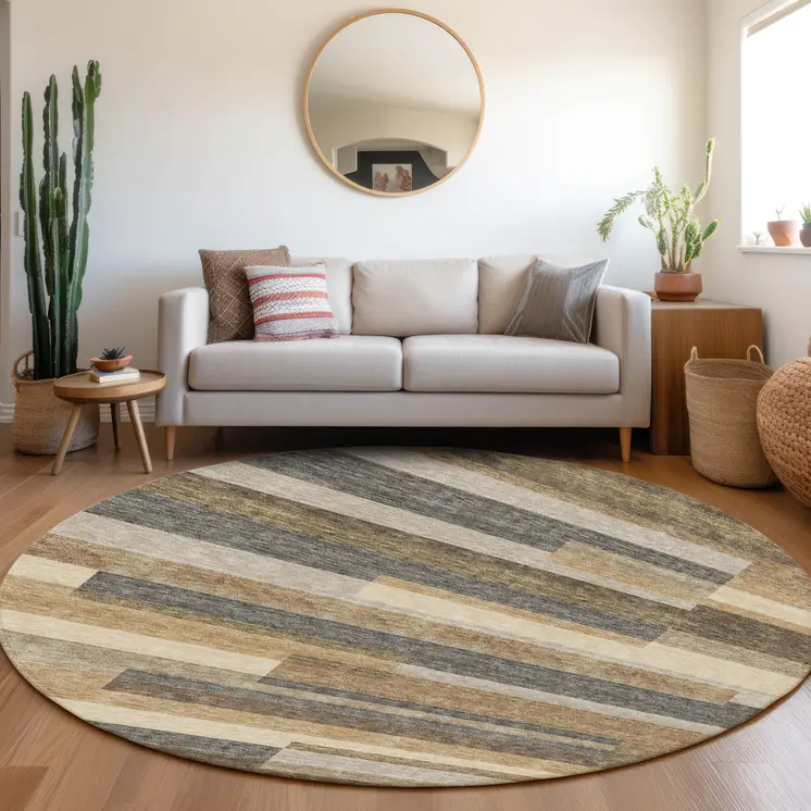 8' Taupe Beige And Charcoal Round Striped Washable Indoor Outdoor Area Rug