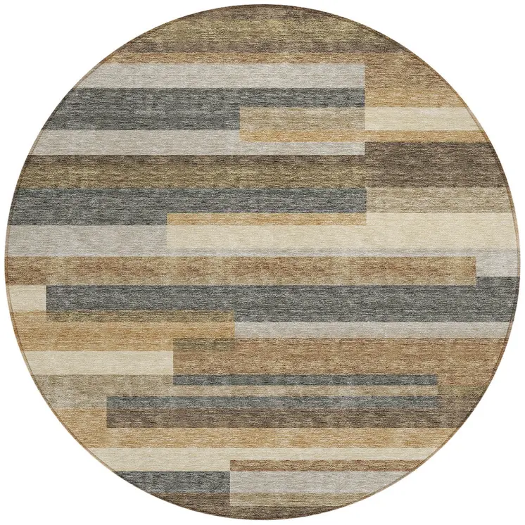 8' Taupe Beige And Charcoal Round Striped Washable Indoor Outdoor Area Rug