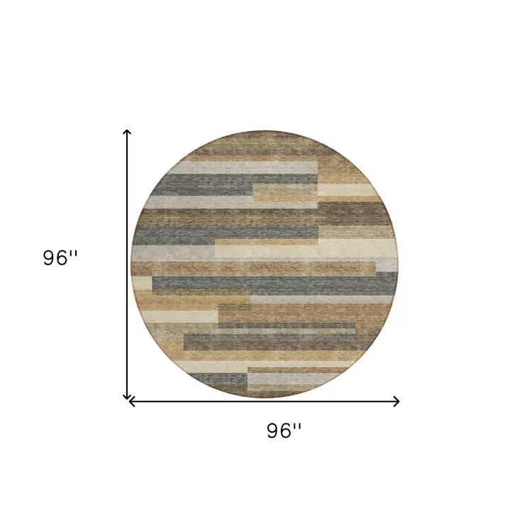 8' Taupe Beige And Charcoal Round Striped Washable Indoor Outdoor Area Rug