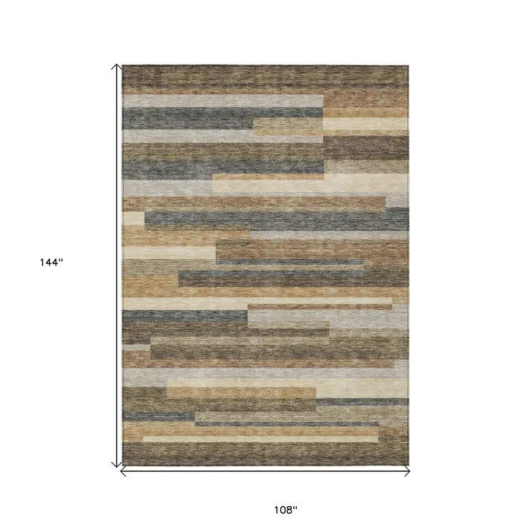 9' X 12' Taupe Beige And Charcoal Striped Washable Indoor Outdoor Area Rug
