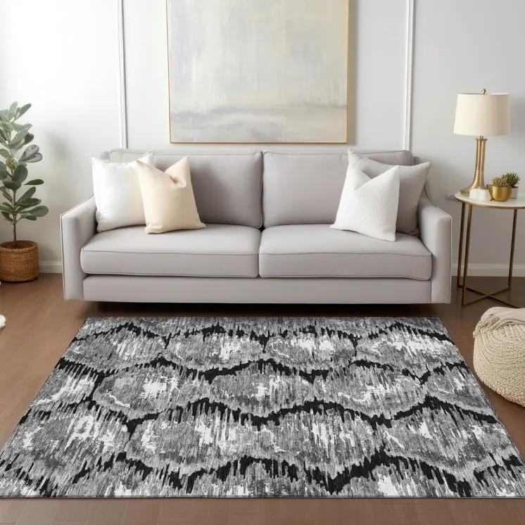 3' X 5' Black Charcoal And Silver Abstract Washable Indoor Outdoor Area Rug