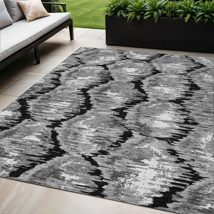 5' X 8' Black Charcoal And Silver Abstract Washable Indoor Outdoor Area Rug
