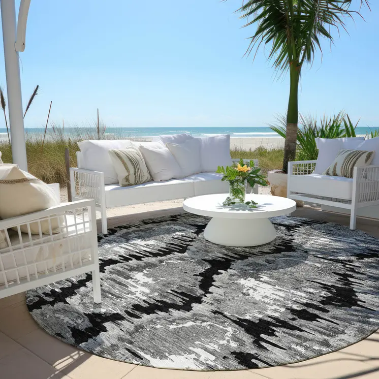 8' Black Charcoal And Silver Round Abstract Washable Indoor Outdoor Area Rug