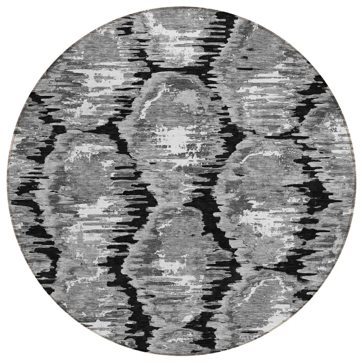 8' Black Charcoal And Silver Round Abstract Washable Indoor Outdoor Area Rug