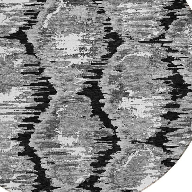 8' Black Charcoal And Silver Round Abstract Washable Indoor Outdoor Area Rug