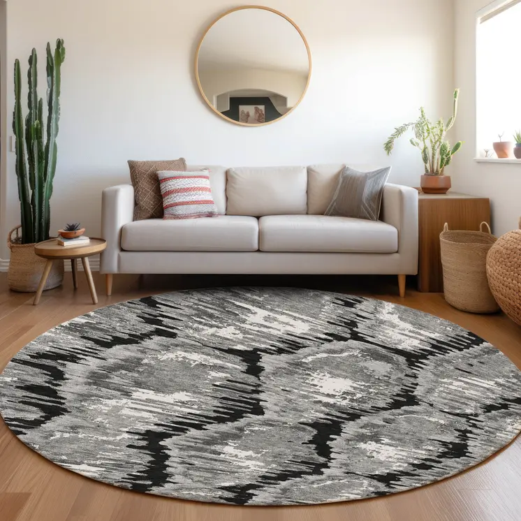 8' Black Charcoal And Silver Round Abstract Washable Indoor Outdoor Area Rug