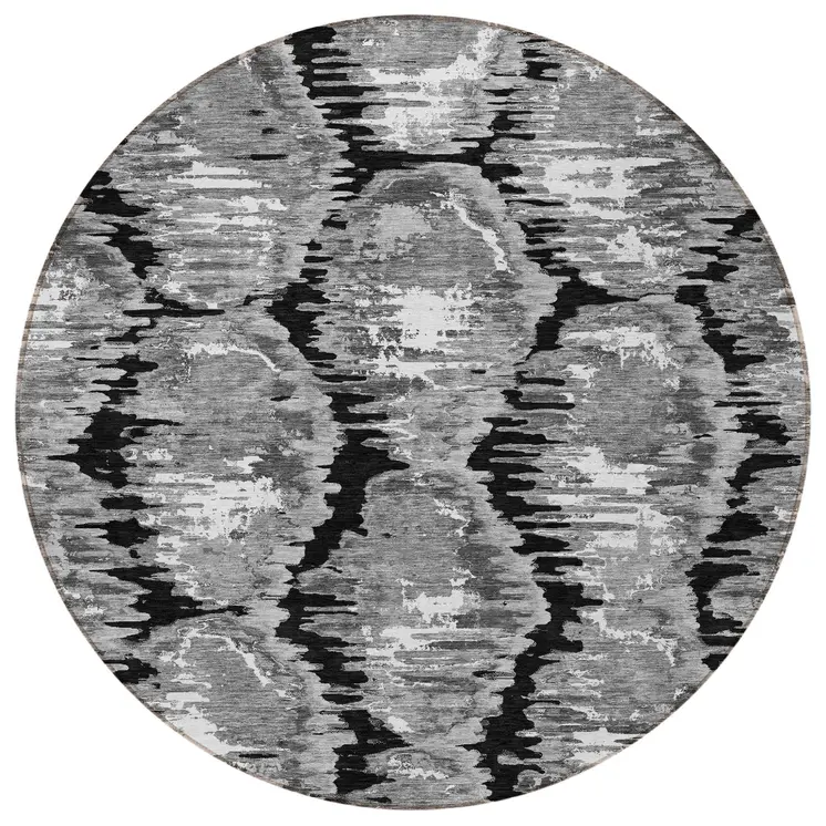 8' Black Charcoal And Silver Round Abstract Washable Indoor Outdoor Area Rug