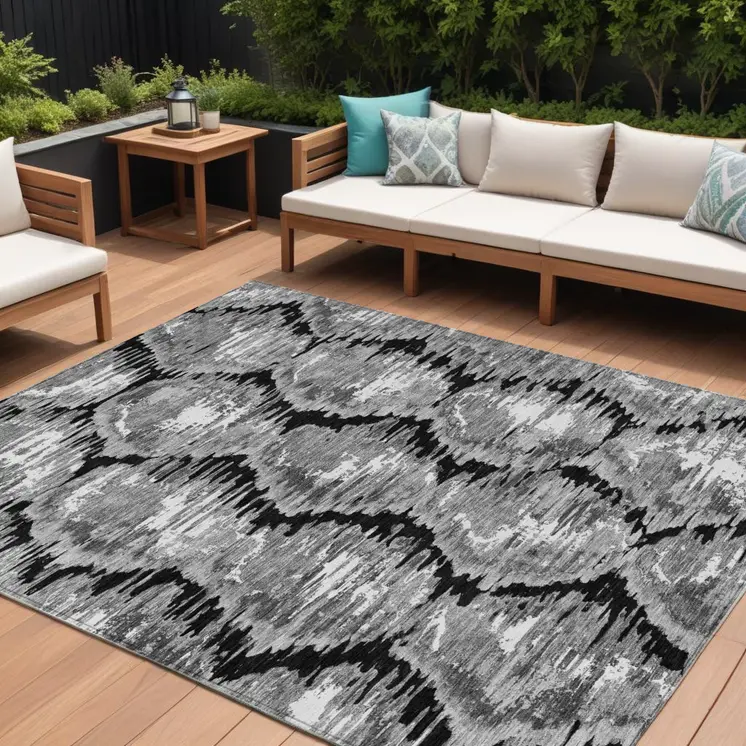 8' X 10' Black Charcoal And Silver Abstract Washable Indoor Outdoor Area Rug