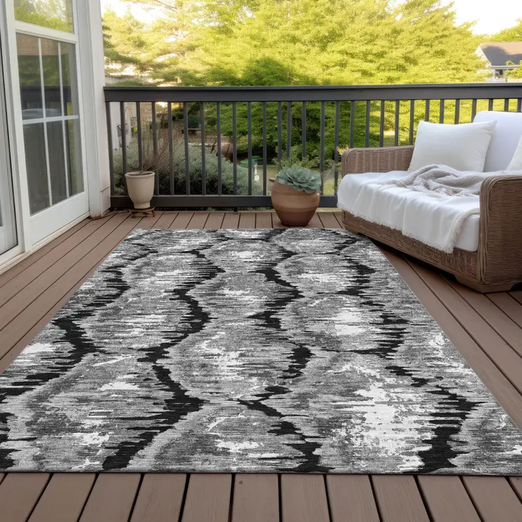 8' X 10' Black Charcoal And Silver Abstract Washable Indoor Outdoor Area Rug