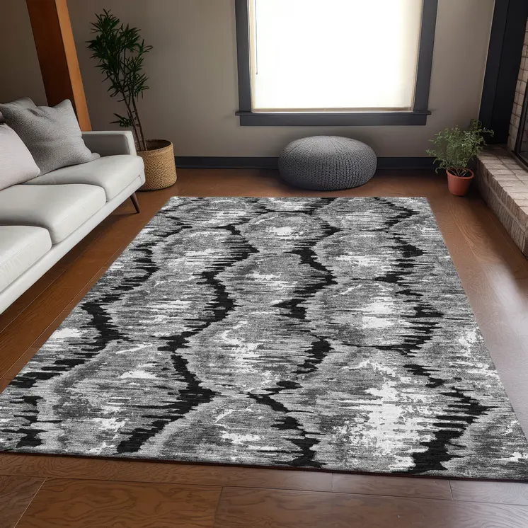 8' X 10' Black Charcoal And Silver Abstract Washable Indoor Outdoor Area Rug