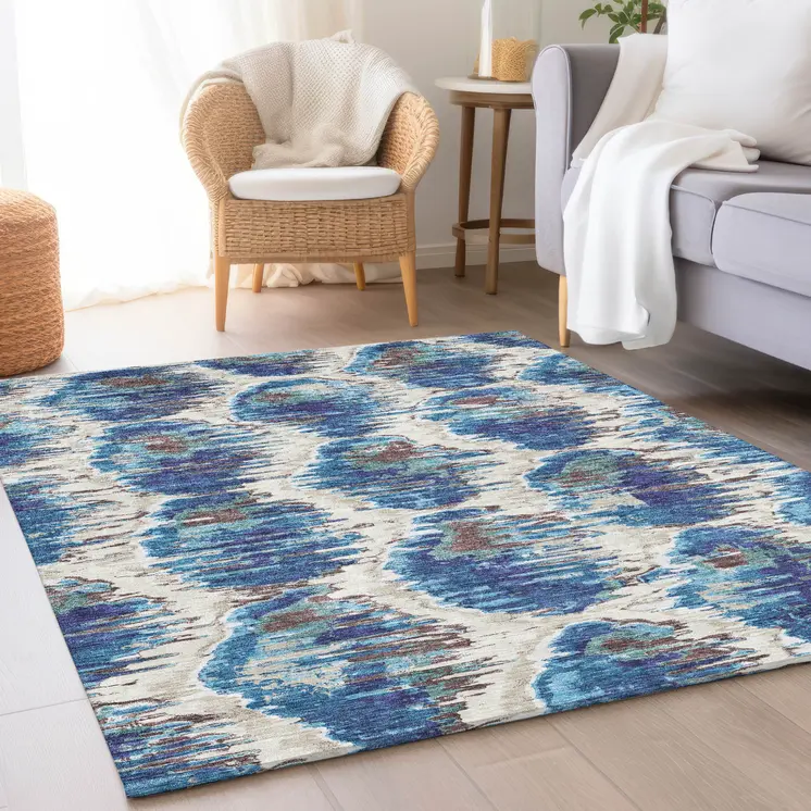 3' X 5' Denim Blue And Sky Blue Abstract Washable Indoor Outdoor Area Rug