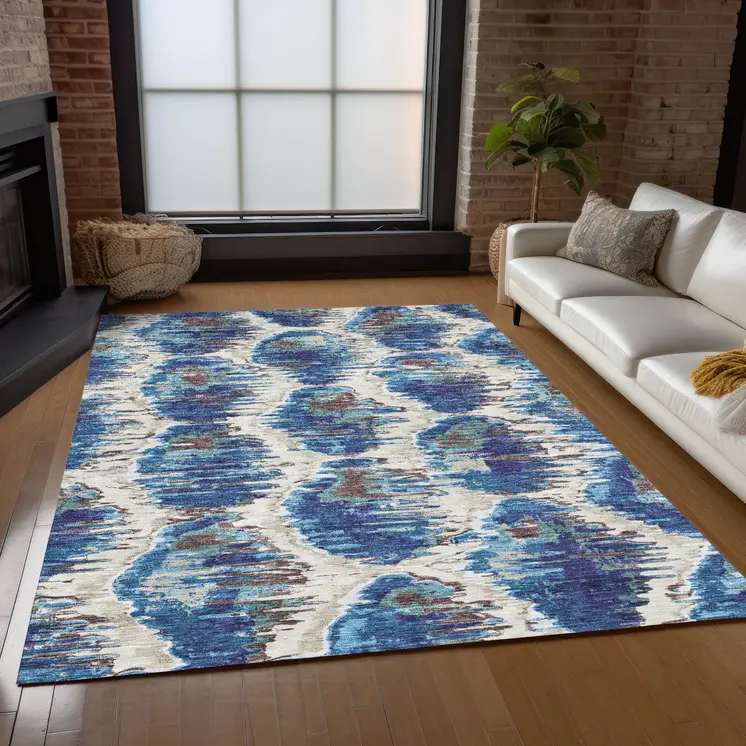 3' X 5' Denim Blue And Sky Blue Abstract Washable Indoor Outdoor Area Rug