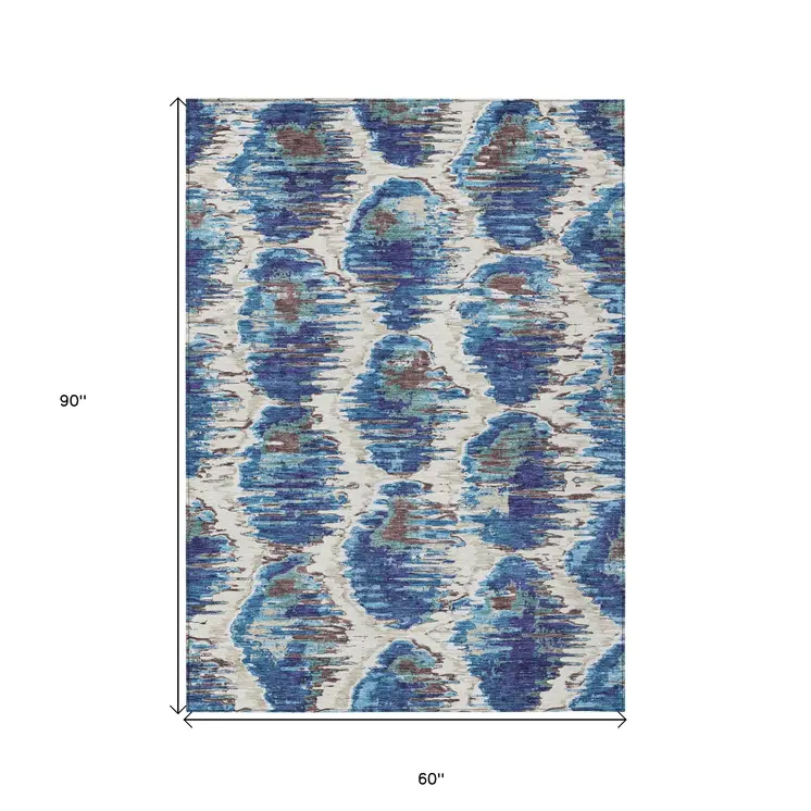5' X 8' Denim Blue And Sky Blue Abstract Washable Indoor Outdoor Area Rug