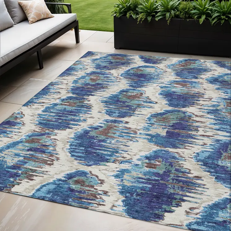 5' X 8' Denim Blue And Sky Blue Abstract Washable Indoor Outdoor Area Rug